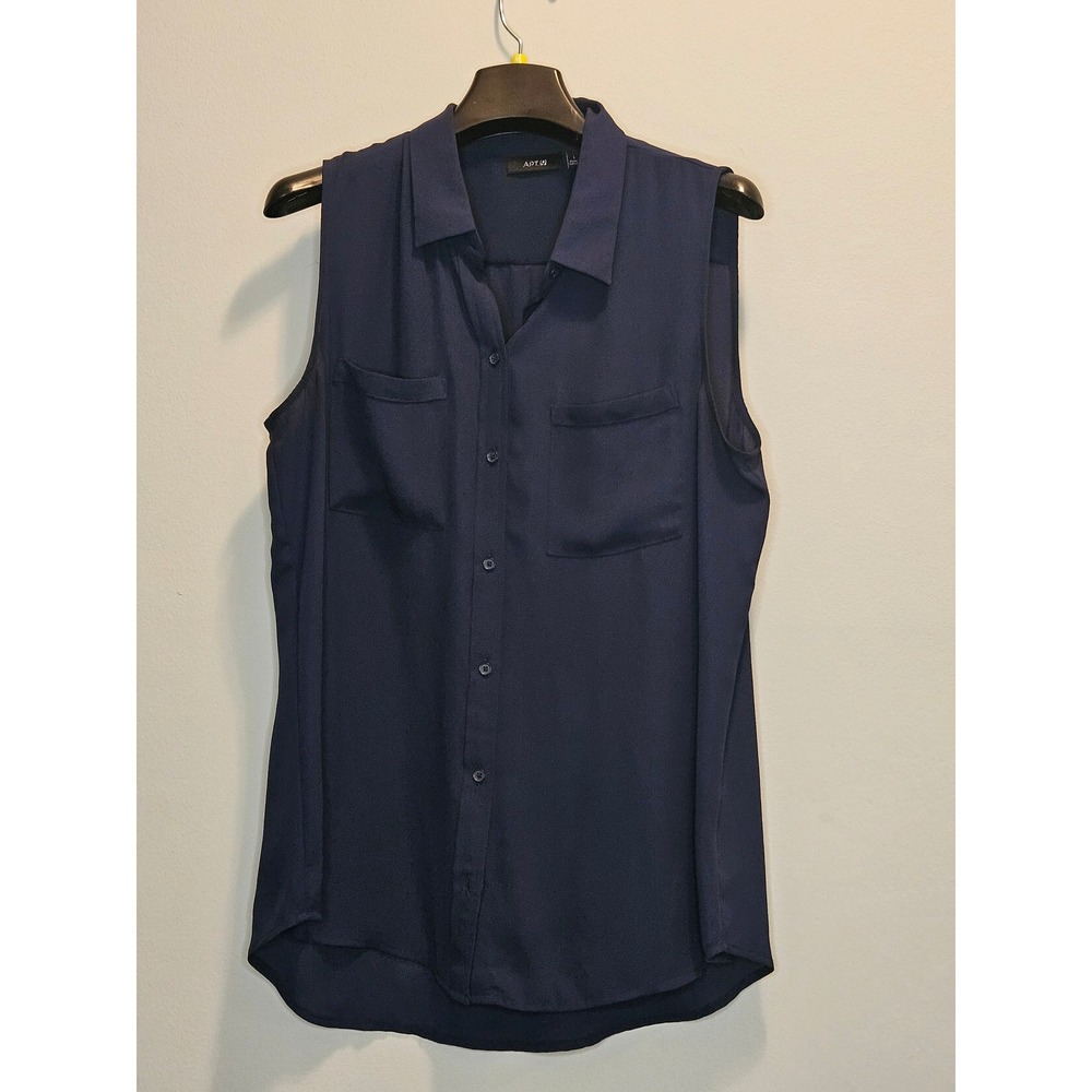 Apt. 9 Womens Navy Blue Sleeveless Button Down Blouse Size L Pocket Top
